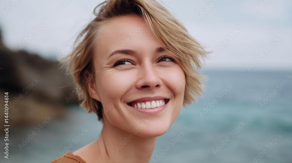 Close-up portrait of a young woman with blonde hair. she is smiling widely and looking up at the sky with a slight smile on her face. Close-up portrait of a young woman with blonde hair. she is smiling widely and looking up at the sky with a slight smile on her face.