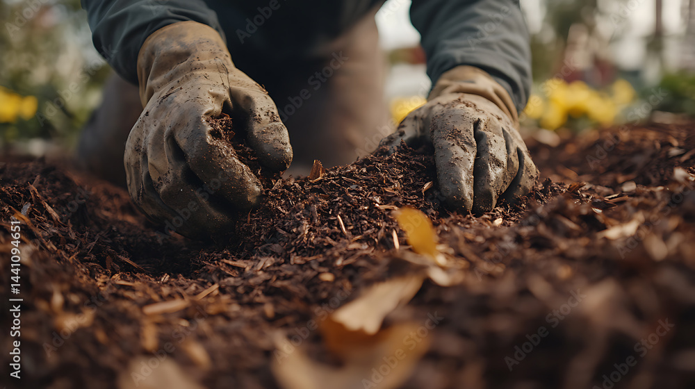 Gardener's Hands Working with Mulch Gardener's Hands Working with Mulch
