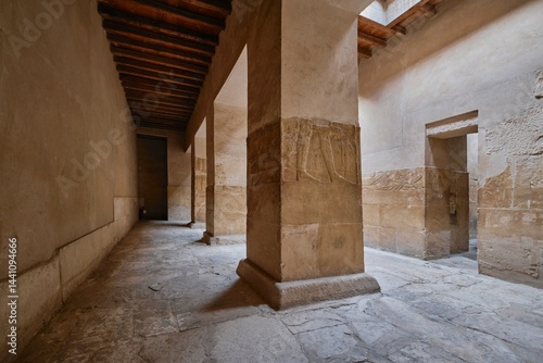 Saqqara, Egypt - January 2, 2024: Painted bas relief figures showing daily life in ancient Egypt inside Tomb of Kagemni in Saqqara necropolis
