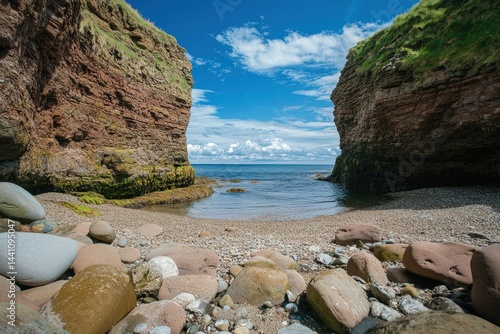 Secluded sandy cove nestled between rocky headlands under clear blue sky