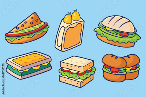 Delicious vector illustration of various food items including sandwiches, tacos, and burgers on a bright blue background for any culinary design project