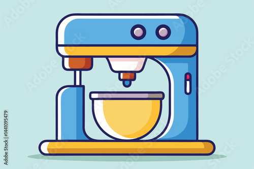 Colorful vector illustration of a kitchen mixer surrounded by various baking ingredients including butter, cream, and muffins