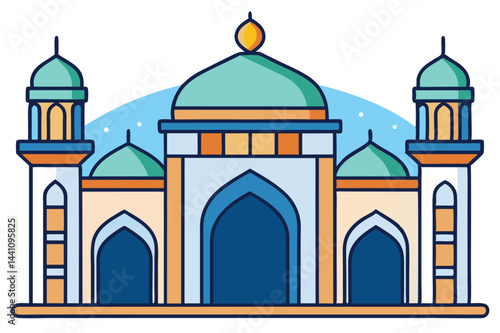 Vector illustration of a grand mosque with domes and minarets showcasing Islamic architecture and design elements in a vibrant style
