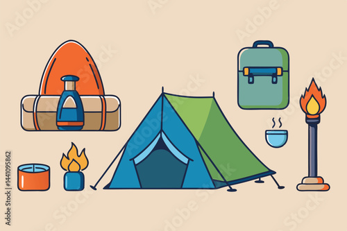 Camping gear illustrated with a tent, lantern, camping stove, backpack, and essential outdoor tools for a weekend adventure or outdoor activity