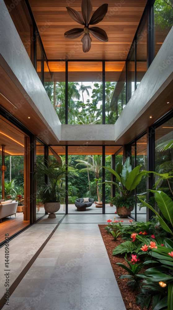 Fototapeta premium elegant mansion lounge corridor with lush tropical plants marble wooden floors spacious interior design contemporary stylish living room premium stock photo interior design decoration