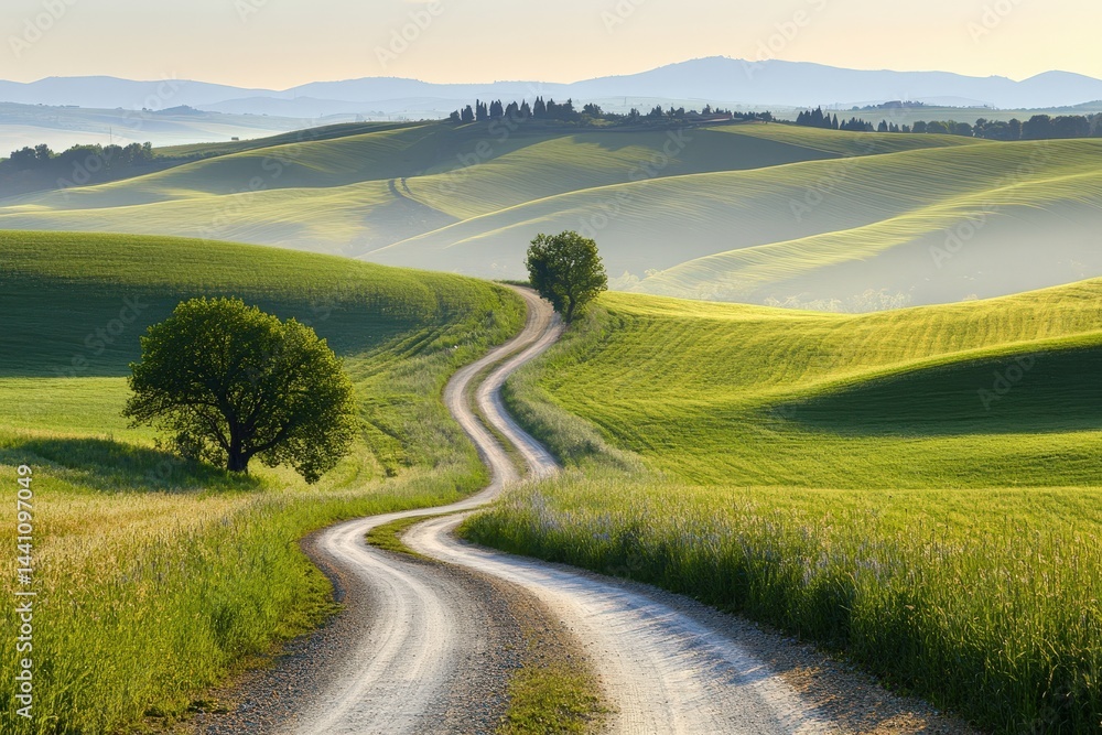 Winding Dirt Road Through Lush Green Rolling Hills Under Blue Sky Winding Dirt Road Through Lush Green Rolling Hills Under Blue Sky