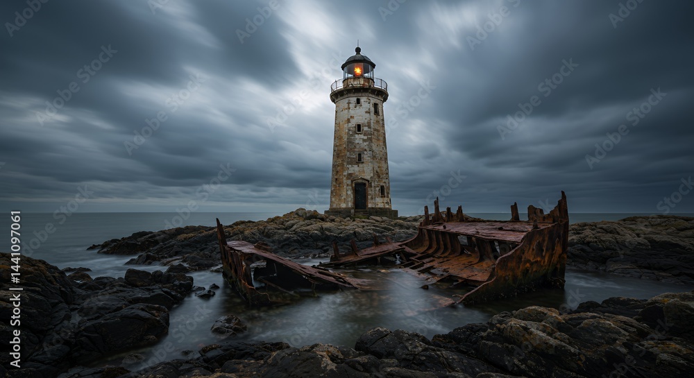 Leaning Lighthouse its Lamp Extinguished with Rusted Shipwreck on Treacherous Rocks Under Moody Cloudy Sky in Wide Angle Long Exposure Perfect for Wall Art and Decoration