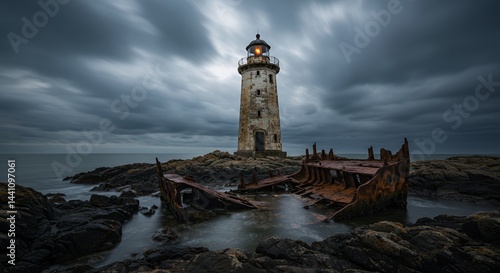 Obraz na płótnie Leaning Lighthouse its Lamp Extinguished with Rusted Shipwreck on Treacherous Rocks Under Moody Cloudy Sky in Wide Angle Long Exposure Perfect for Wall Art and Decoration w salonie