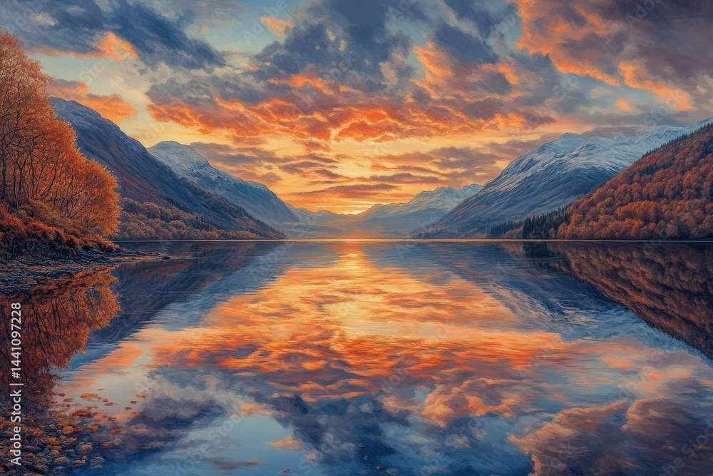 Obraz premium Sunset Over Loch Lomond with Autumn Forests and Mountain Reflections