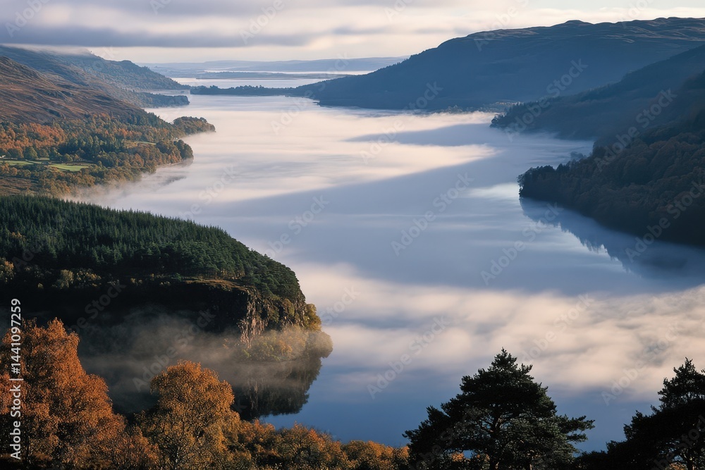 Obraz premium Misty Morning Over Loch Ness with Dark Waters and Low Clouds Hugging Hills