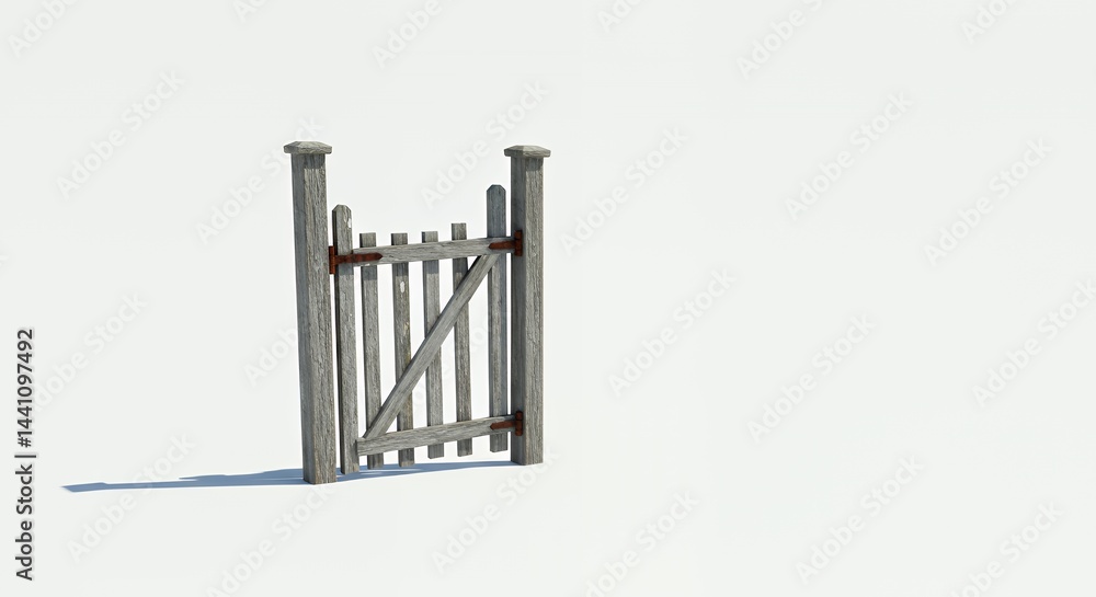 Lonely Broken Wooden Garden Gate with Rusted Hinges Stands in White Isolated Backdrop Shows Damage Reuse and Recycle Concept Lonely Broken Wooden Garden Gate with Rusted Hinges Stands in White Isolated Backdrop Shows Damage Reuse and Recycle Concept