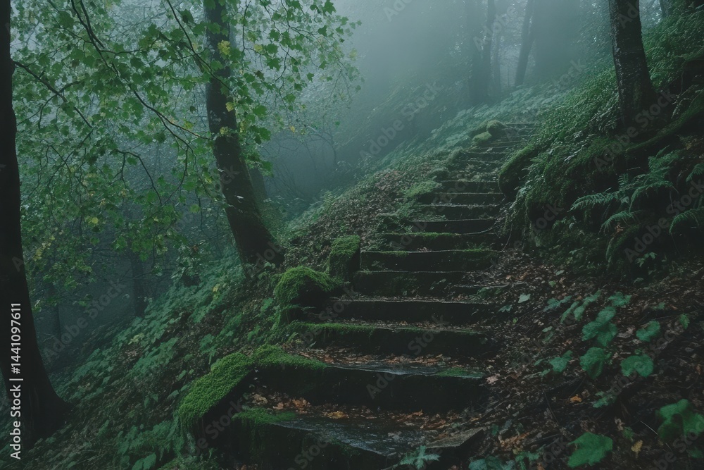 Obraz premium Moss-Covered Stone Steps Leading Through Misty Ancient Forest at Sunrise