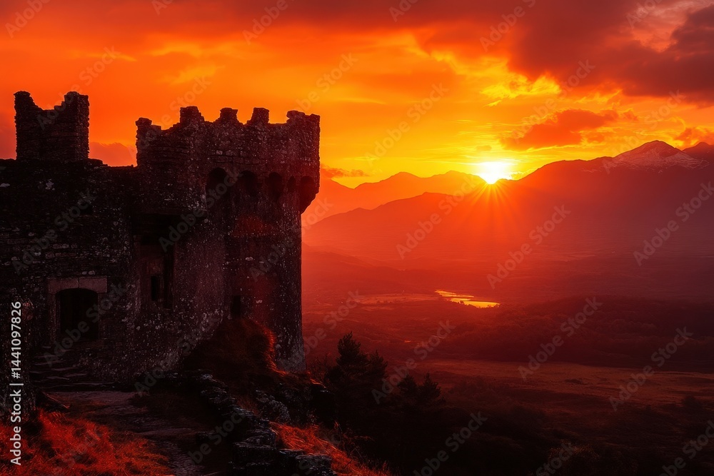 Fototapeta premium Silhouetted Castle Battlements at Sunset Over Highland Lake and Mountains