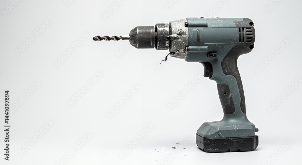 Fototapeta premium Malfunctioning Gray Power Drill Broken with White Spots on White Backdrop Isolated