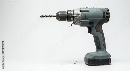 Malfunctioning Gray Power Drill Broken with White Spots on White Backdrop Isolated