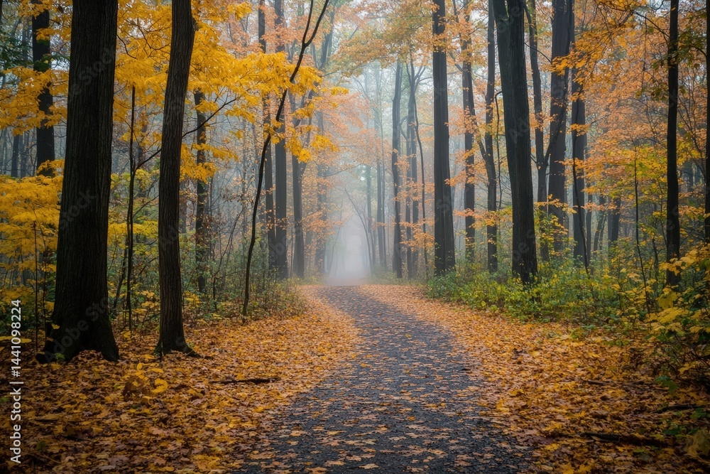 Fototapeta premium Misty Morning Path Through Golden Autumn Forest with Swirling Fog