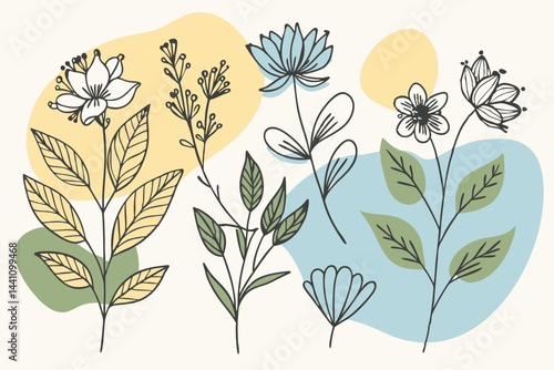 Set of different flowers and brunch from flat editable stroke. Luxury line floral collection for wedding invitation art, design template of save the date card. Botanical vector illustration.