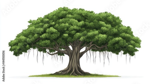 Lush Banyan Tree Isolated on White Background