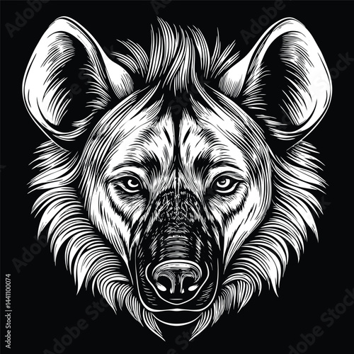 Detailed black and white illustration of a painted hyena head