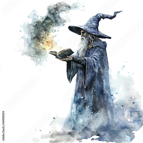 Powerful Sorcerer Casting Spells, watercolor vector, isolated on a white background.
