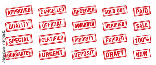 Red letter stamp grunge. Red stamp grunge words approved, cancelled, priority, verified, certified sign sticker set. postponed, paid rubber stamps. Rubber stamp collection. collection of stamps