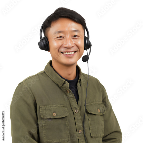 young Asian man with headphones, working as call center agent, isolated on white or transparent background