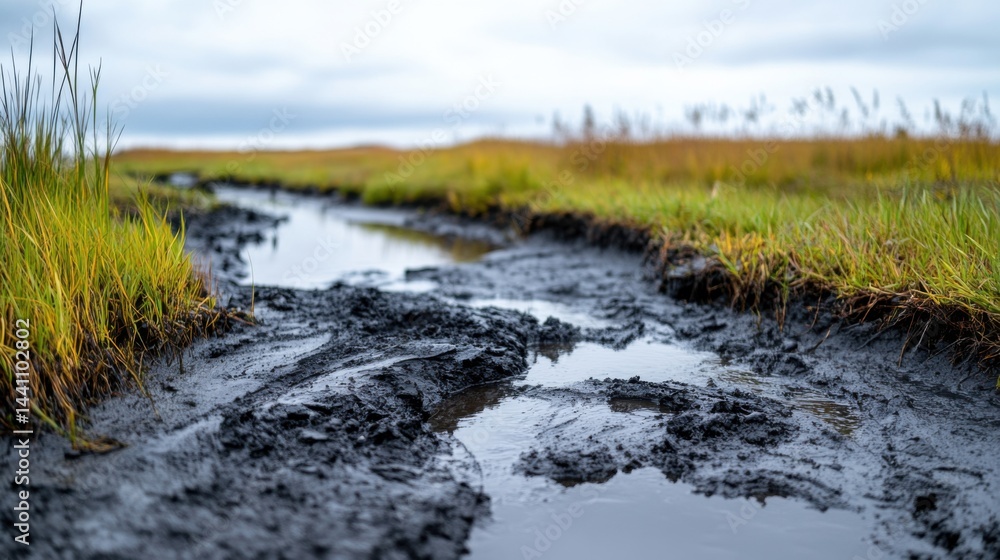 Wetland Landscape with Reflections and Grass Under Cloudy Sky