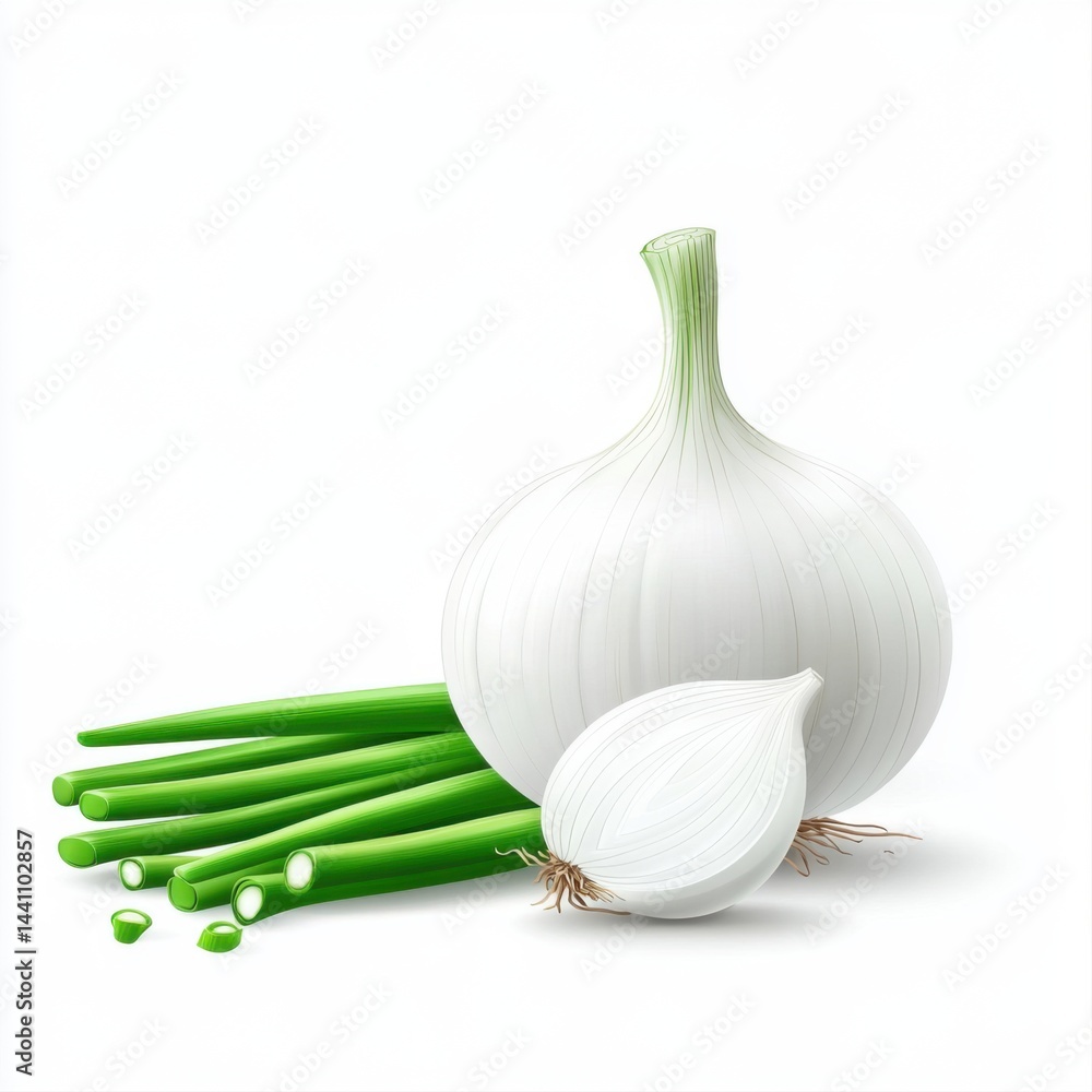 Fresh Onions and Green Scallions on a White Background for Culinary Use