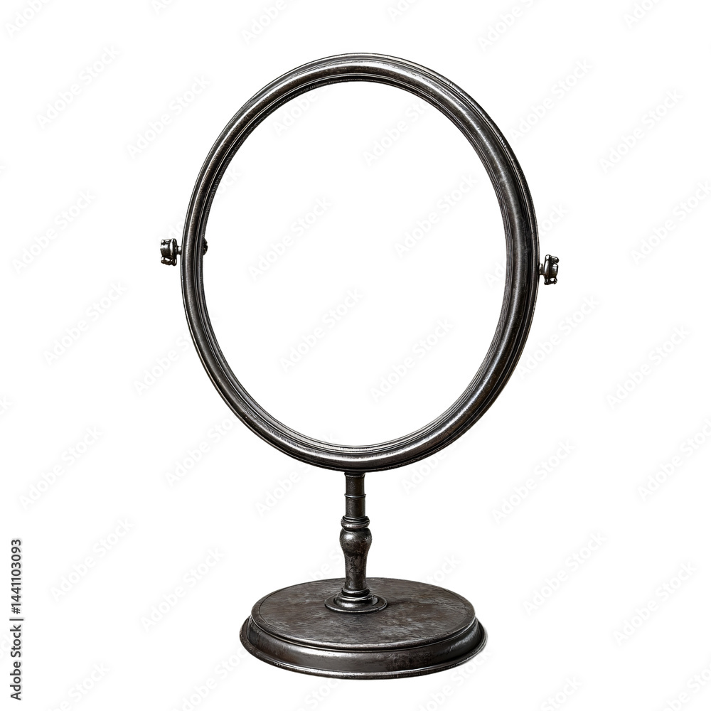 Fototapeta premium Dark-colored, antique-style tabletop mirror with a round, reflective surface. Vibrant green and yellow colors are shown in the reflection.