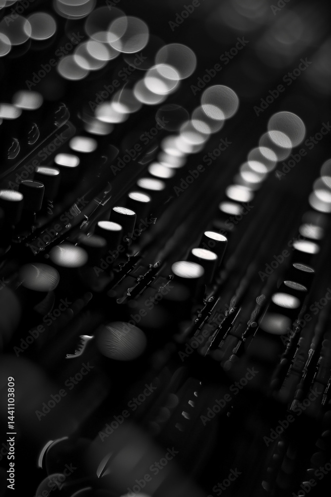 A black and white photograph of a circuit board with diffused highlights creating a bokeh effect in the background. A black and white photograph of a circuit board with diffused highlights creating a bokeh effect in the background.