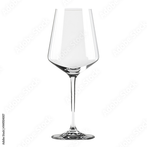 High-resolution  isolated  image  of  a  clear  wine  glass,  featuring  a  long  stem  and  wide  bowl.  The  glass  is  positioned  in  a    setting.