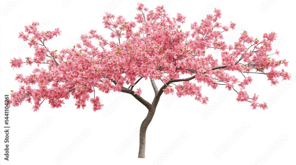 Fototapeta premium Pink cherry blossom tree, spring bloom, isolated, white background, garden design