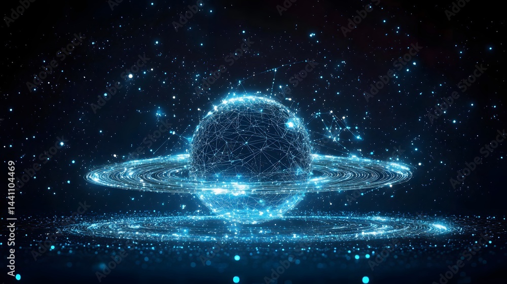 Obraz premium Digital artwork featuring a wireframe sphere encircled by glowing rings against a dark, starry backdrop. Perfect for technology or space themes. Abstract wireframe in dark blue.