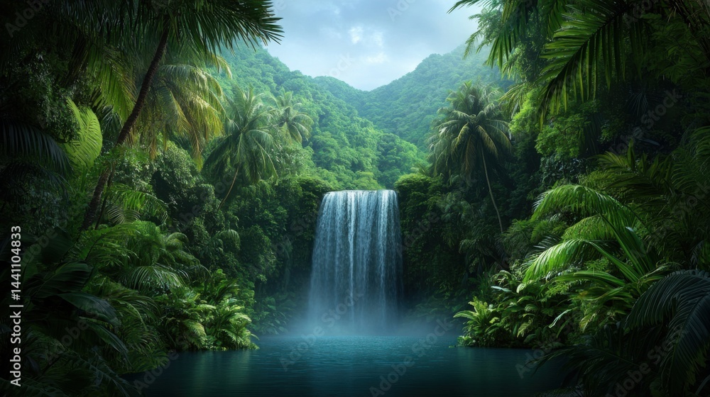 Majestic Waterfall Cascading into Tranquil Pool Surrounded by Lush Foliage