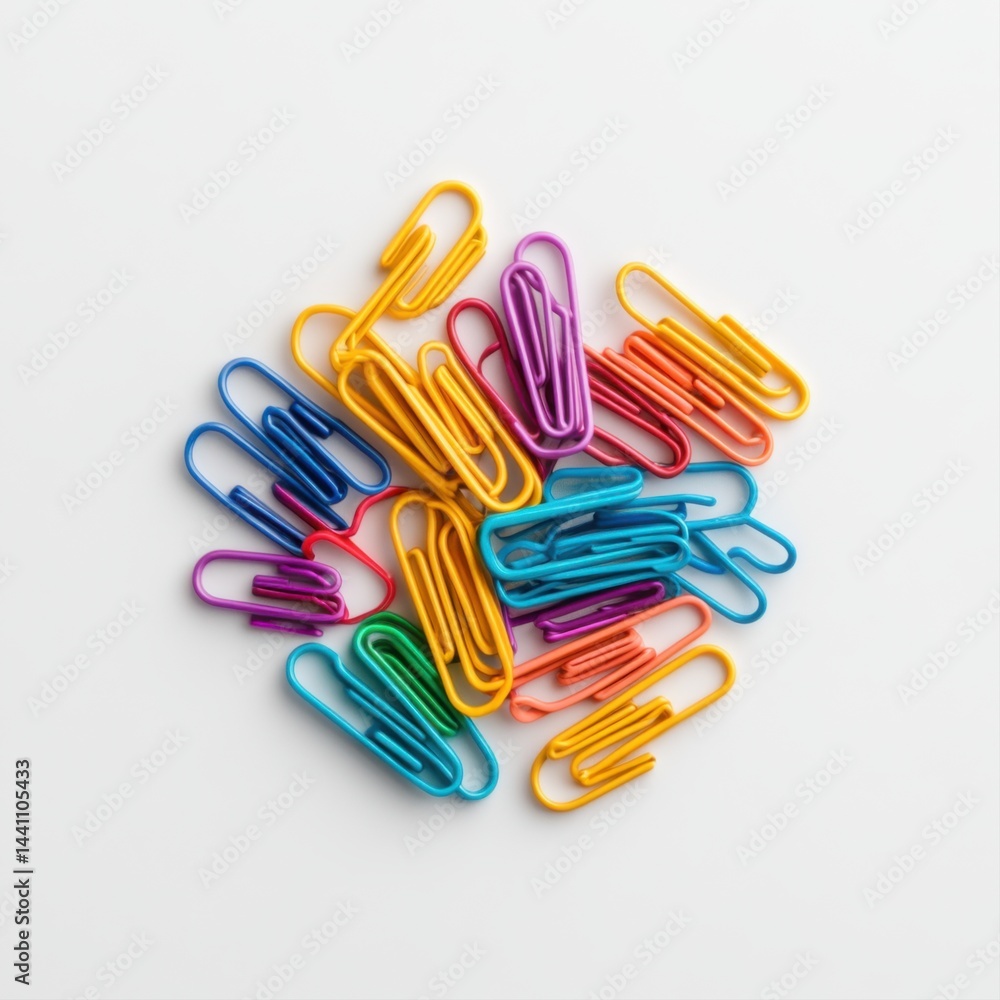 Colorful Paper Clips Piled Together on a White Background for Office Use