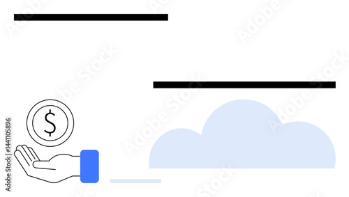 Open hand with coin accentuated by cloud, emphasizing fintech, cloud computing, savings, donations, digital wallets, economic planning, and simple landing page