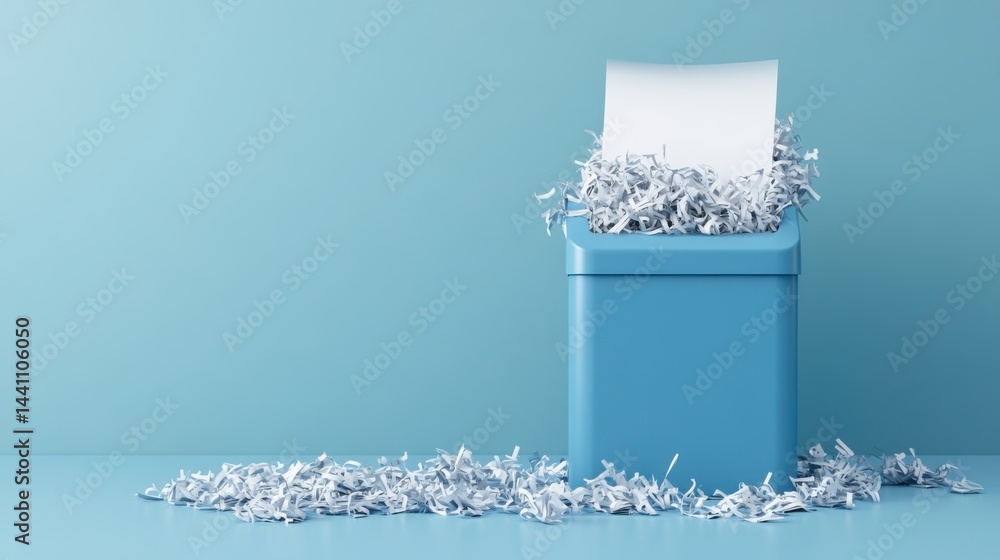 Shredded Paper in Blue Bin with Blank Sheet on Vibrant Background