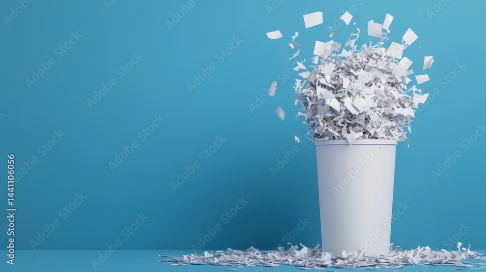 Overflowing Paper Shredder Waste in White Cup on Bright Blue Background