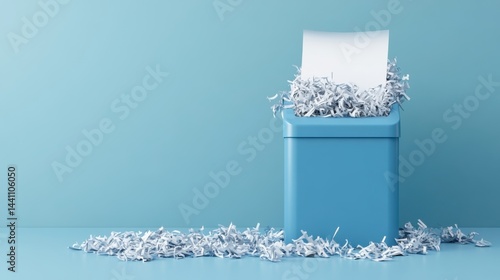 Shredded Paper in Blue Bin with Blank Sheet on Vibrant Background