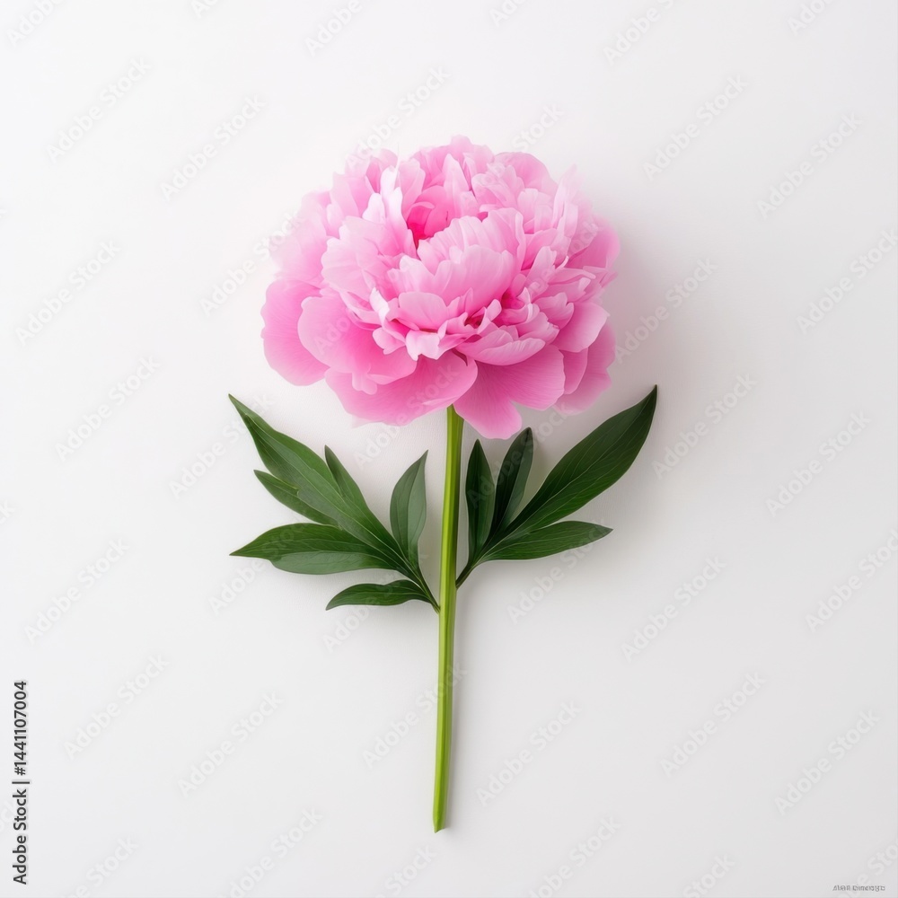Beautiful Pink Peony Flower with Leaves on White Background for Design Use