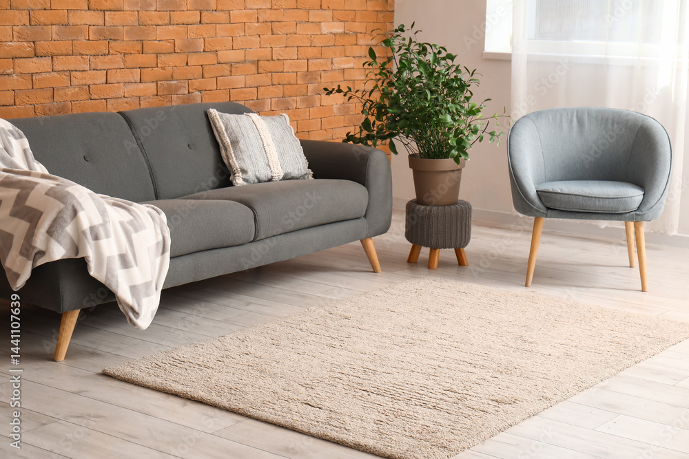 Interior of modern living room with stylish carpet, armchair and grey sofa
