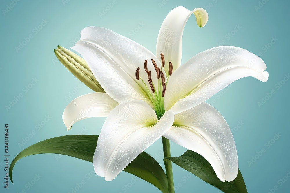 Close-up of a single pristine white lily blossom. Close-up of a single pristine white lily blossom.