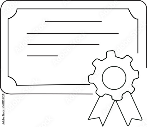 Certificate with badge ribbon and gear icon representing official recognition award completion document certification or academic achievement in education or workplace