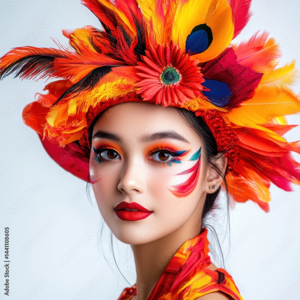 Colorful Fashion Portrait with Bold Makeup and Vibrant Feather Headpiece