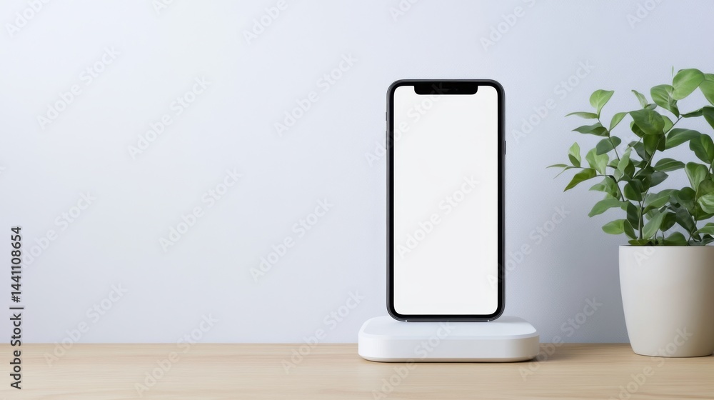 Modern Smartphone on Wireless Charger with Green Plant on Wooden Desk
