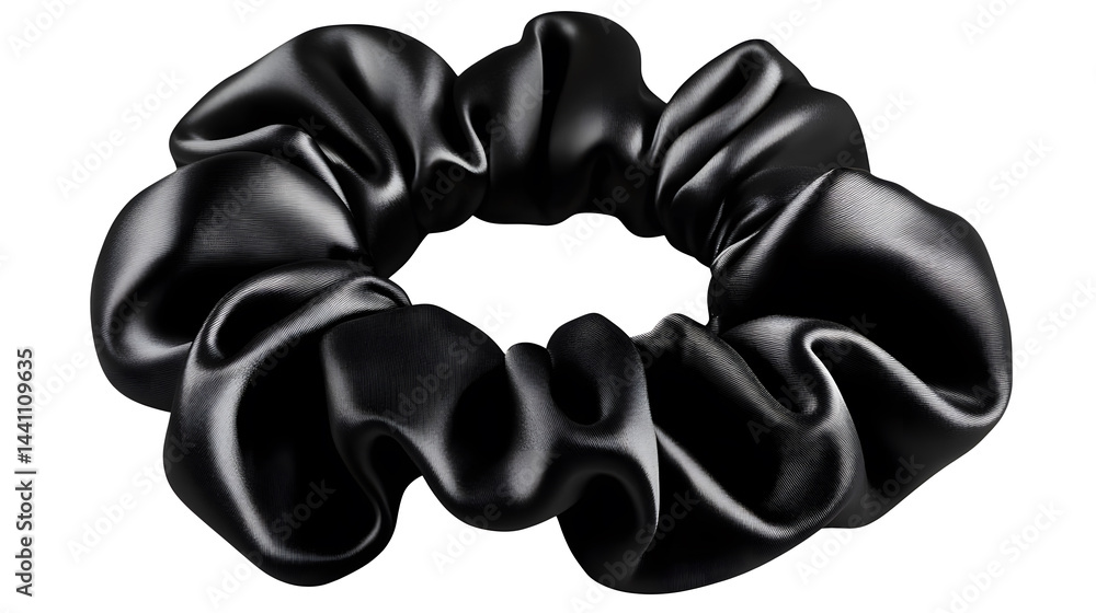 A black silk scrunchie Isolated on White and Transparent Background PNG Image.