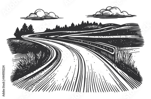 Vintage Hand Drawn Illustration of a Scenic Winding Road Landscape