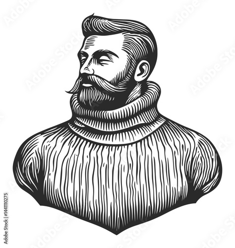 Vintage Hand-Drawn Illustration of a Bearded Man in Sweater