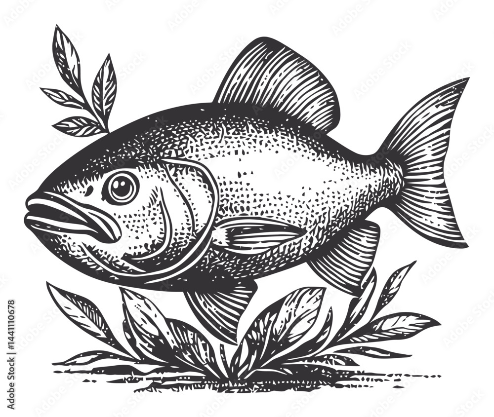 Obraz premium Vintage Hand-Drawn Illustration of a Fish Surrounded by Foliage
