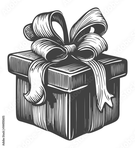 Vintage Hand-Drawn Illustration of a Gift Box with Ribbon Bow